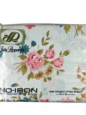 Lady Pepperell No-Iron Muslin Double Fitted Sheet Floral Vtg 70s Pink/Blue NEW